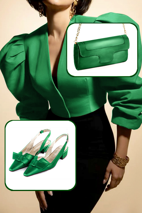 Women's emerald green elegant slingback heels, with a bow on the front. Tapered toe. Low block heels - Top view
